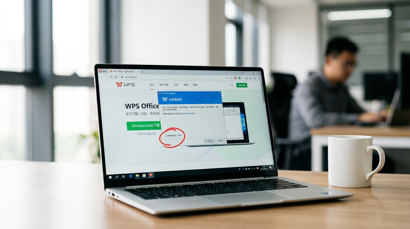 WPS电脑版官网正版下载入口与取消捆绑勾选示意