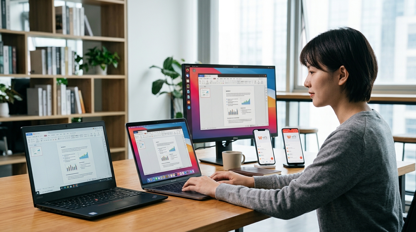 WPS办公套件在Windows、Mac、Linux、iOS和安卓五大平台上的跨设备展示