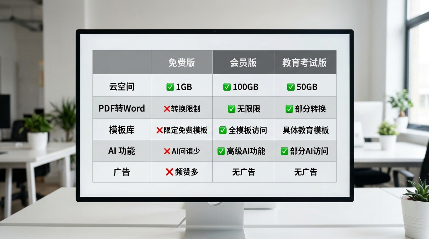 WPS电脑版免费版会员版教育考试版对比